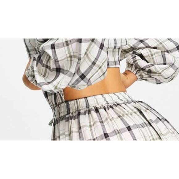 Asos Curve Flannel Check Button Down Open Back Balloon Sleeve Skater Dress Sz 24 - Picture 7 of 13